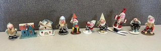 Vintage LOT 1950s Japan Pinecone Gnomes Sledding Santa Village Ornaments 10