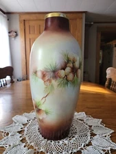 Antique Vintage RS Prussia Germany Porcelain Pine Tree Cones Vase 17 7/8"