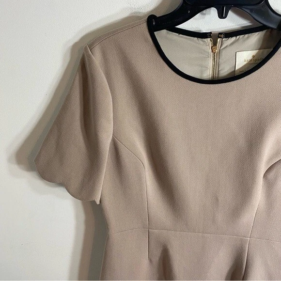 Abito Kate Spade Crepe Scallop Tan Nero Tg 8 Manica Corta Mini Fit Svasato