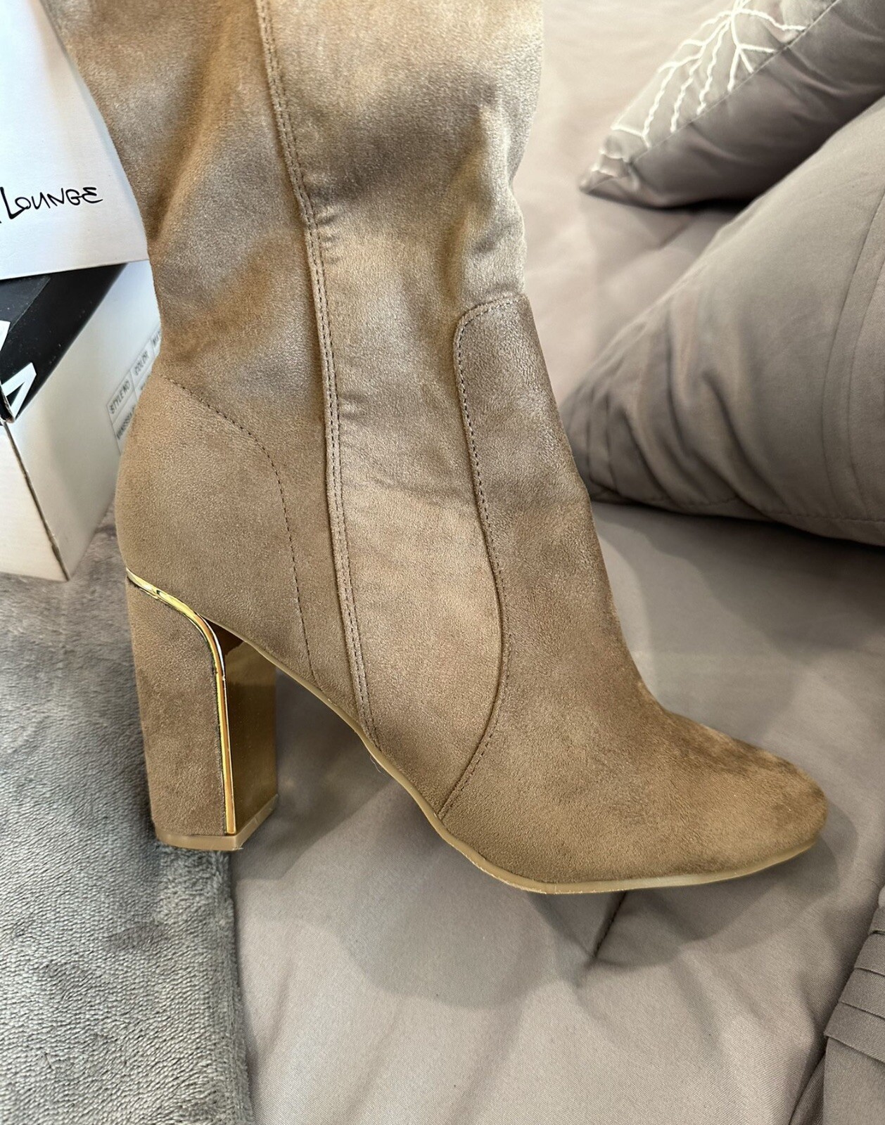 New Tan/Beige Over The Knee Taupe Gold Heel Boots With Zipper & Back Lace Size 8 eBay