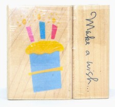 NEW Inkadinkado BIRTHDAY CAKE  MAKE A WISH Phrase Wood Mount Rubber Stamps Set