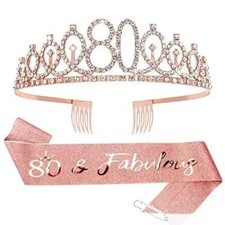 80th 80 Birthday Crown and Sash Set for Women Birthday Party Decoration in Box