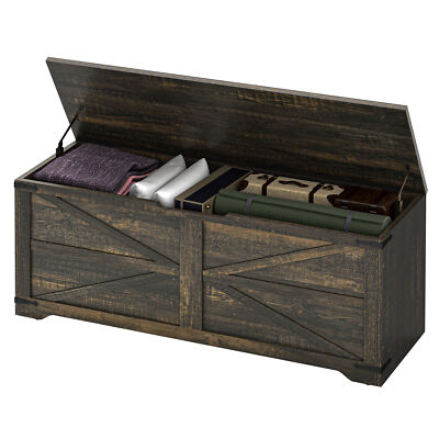 Farmhouse Large Wooden Storage Chest Box Trunk Bench with Dual Safety Hinged Lid