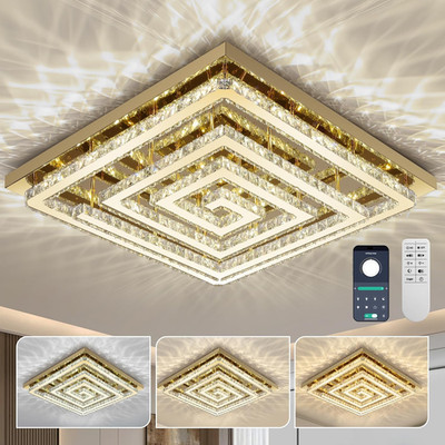 43 Inch Gold Crystal Chandelier with Remote/App Control, 3 Color Temperature Lig