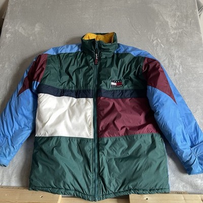 Tommy Hilfiger Vintage Puffer Jacke Herren XL Grün Blau Burgund Colour Block