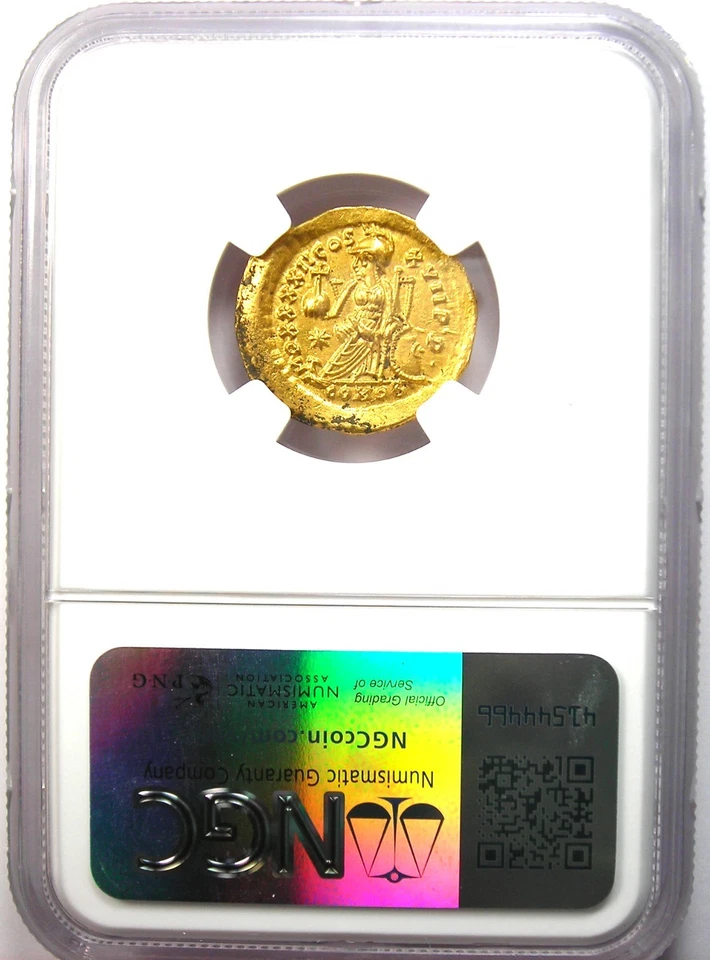 Moneda romana de oro sólido Teodosio II AV 402-450 DC - Certificada NGC Elección AU Foto 3 de 4