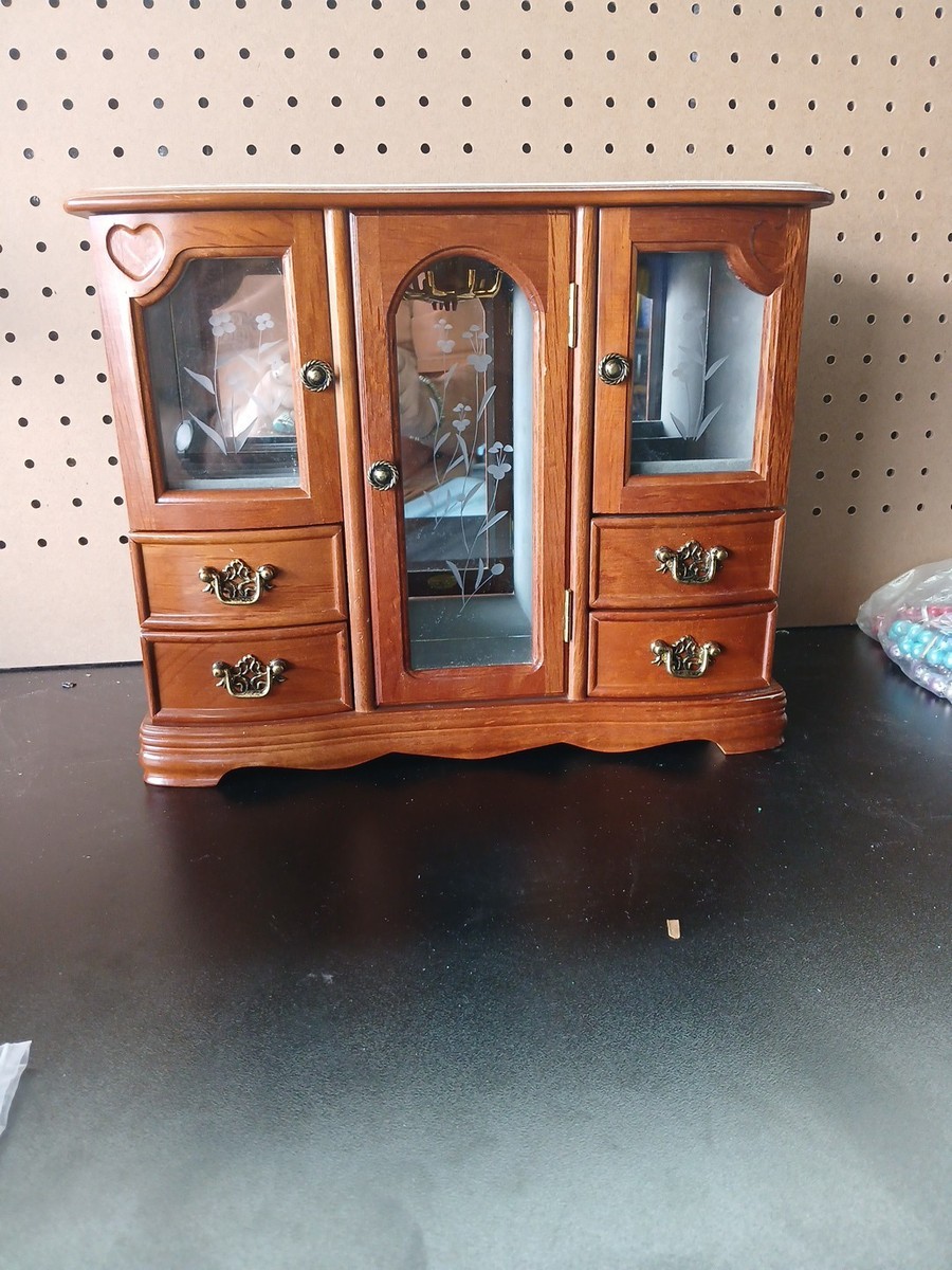 Vintage Wooden Large Jewelry Box Cherry Color Armoire Etched Glass