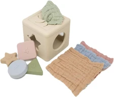 Silicone Shape Sorter & Tissue Box Toy with Organic Muslin Cotton Cloths - Baby 