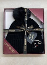 Steve Madden Womens Black Ribbed Knit Beanie ...