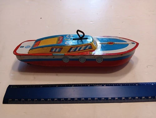 Vintage Ohio Art, Tin Litho, Toy Wind-Up Boat, 8.5”, Not Working