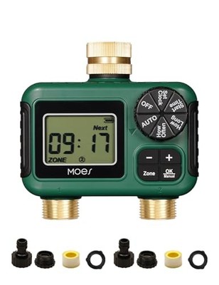MOES 2-Zone Programmable Sprinkler Timer, Brass Inlet/Outlet, Rain Delay