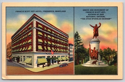 Francis Scott Key Hotel and Monument Frederick Maryland UNP Linen Postcard T25