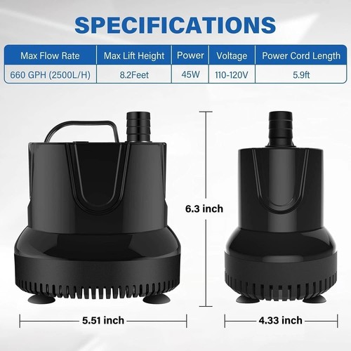 660GPH Submersible Water Pump Pond Fountain Pump Aquarium Fish Tank 8.2ft High - Picture 7 of 7