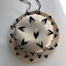 Vintage 60s Yves St Laurent Felt Brim Hat- Ivory w Black Appliqu , Metal Beads