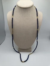 JK NY Long Lapis Lazuli Beaded Gold Tone Stretch Necklace 32”