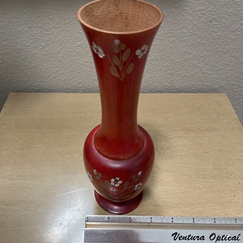 CARVED LACQUERED RED WOODEN VASE Large Red Flowers Leaves Oriental Turned - Picture 7 of 11