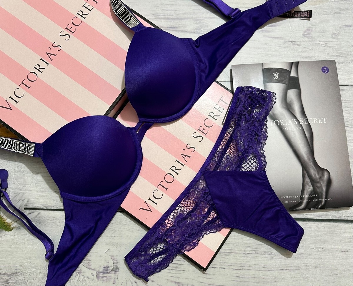 新品❤️victoria's secret bra 34B & panty S Victoria's Secret Shine Strap Smooth Push Up Bra Stockings