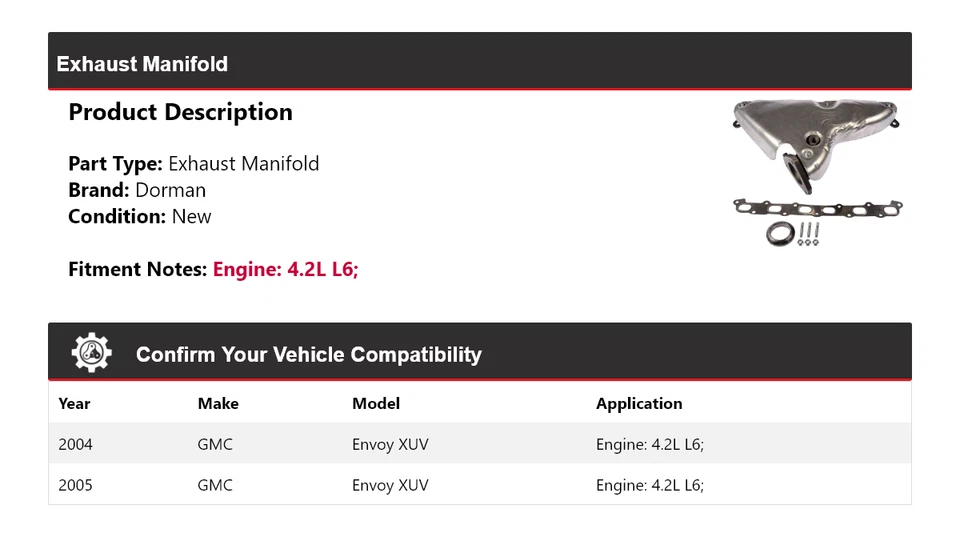 Выпускной коллектор для 2004-2005 GMC Envoy XUV 4,2 л L6 Dorman - Изображение 2 из 4