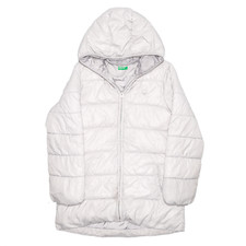 Vintage United Colors Of Benetton Womens 90s Grey Regular Hooded Puffer Coat