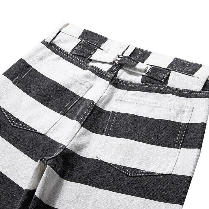 Mens Retro Biker Motorcycle Pants Canvas Prisoner Striped Trousers Vintage Style - Image 3 of 4