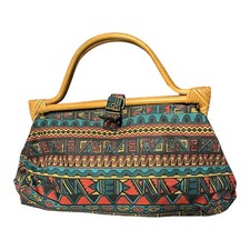 Vintage Bag Rattan Handle Patterned Aztec 40's 50's Style Tiki Top Handle Carpet