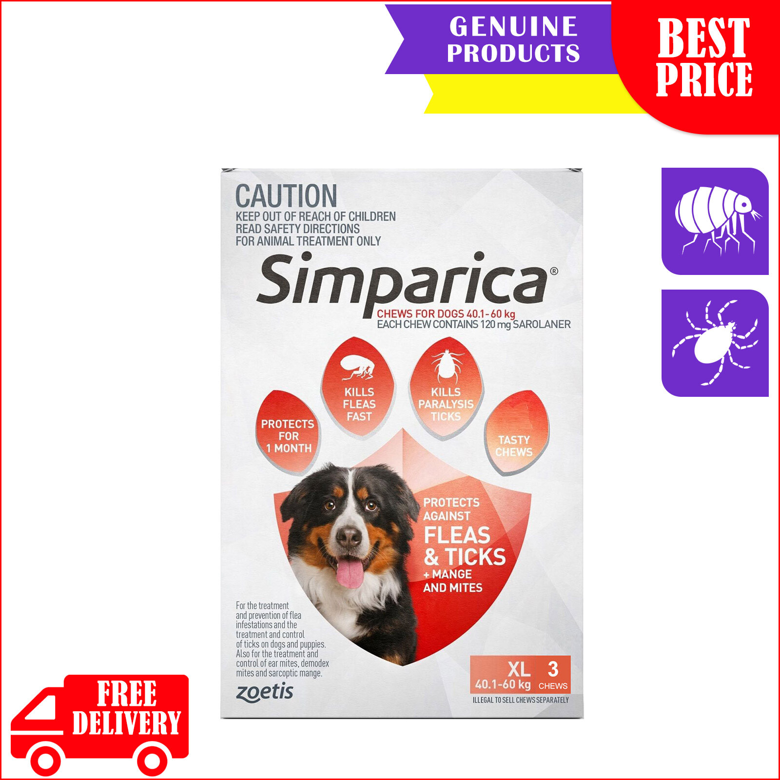 SIMPARICA Flea and Tick Treatment RED 3, 6, 12 Chews for 40.1 to 60 Kg Dogs eBay