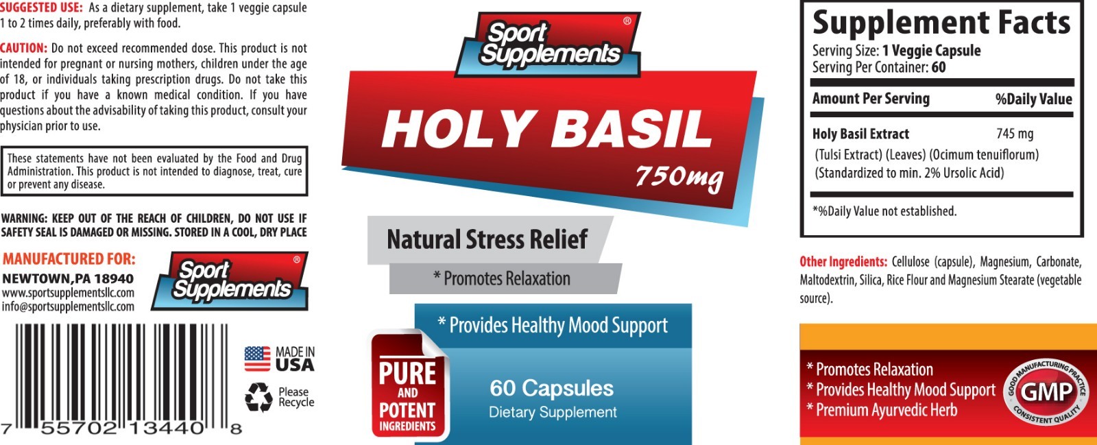 Tulsi Powder - Holy Basil Extract 750mg - Anti-Bacterial & Anti-Fungal Pills 1B