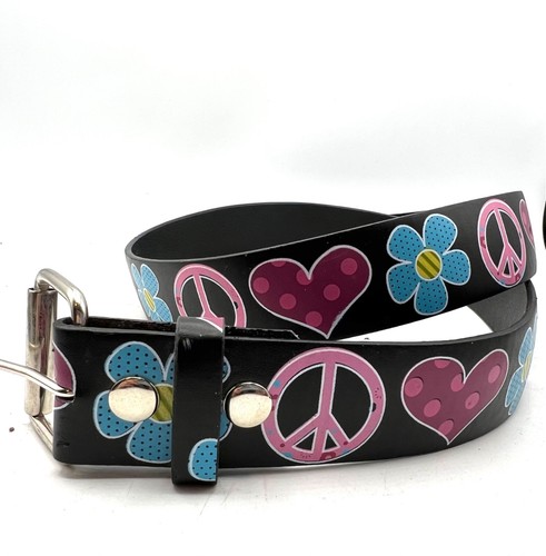 Retro Belt. Genuine Leather. sz 34-36 1.5" wide. NWOT. Flowers Hearts Peace Sign - Picture 2 of 4