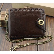 Vintage Leather Biker Snap Wallet Card Holder Wallet With Chain for Mens Coffee