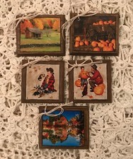  NEW  5 Wooden HANDCRAFTED Fall Ornaments / AUTUMN HangTags SET-01k