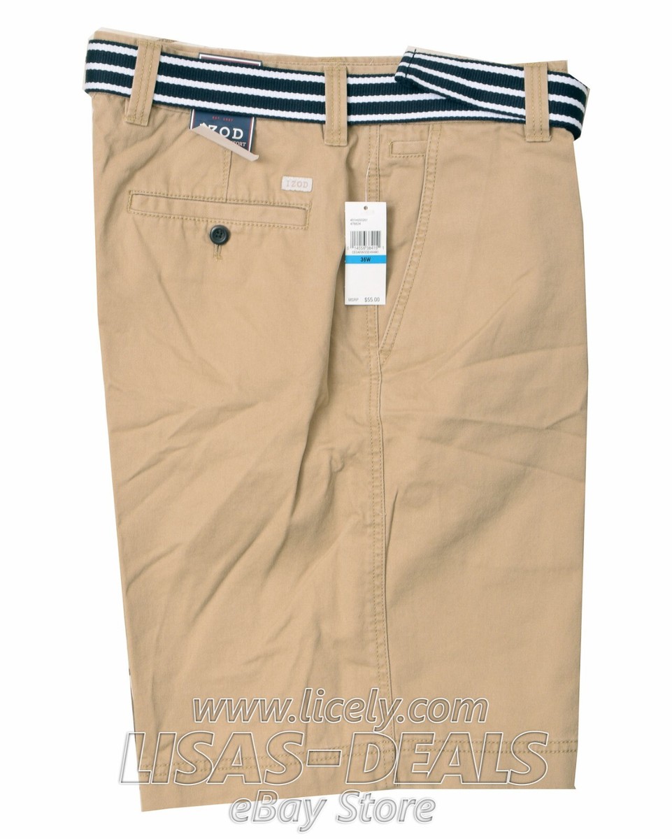 New Mens IZOD Bermuda Shorts with BELT Flat Front Khaki Gray 38 40 42