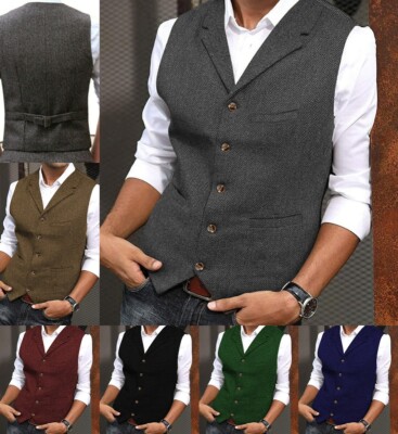 Jagd Tweed Weste Herren Herringbone Wolle Hochzeit Bräutigam Vintage Arbeit 3XL+