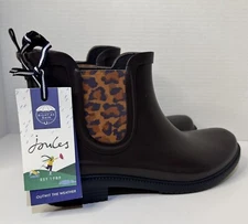 NWT Joules Rutland Dark Brown Leopard Short Ankle Rain Boot Size 10