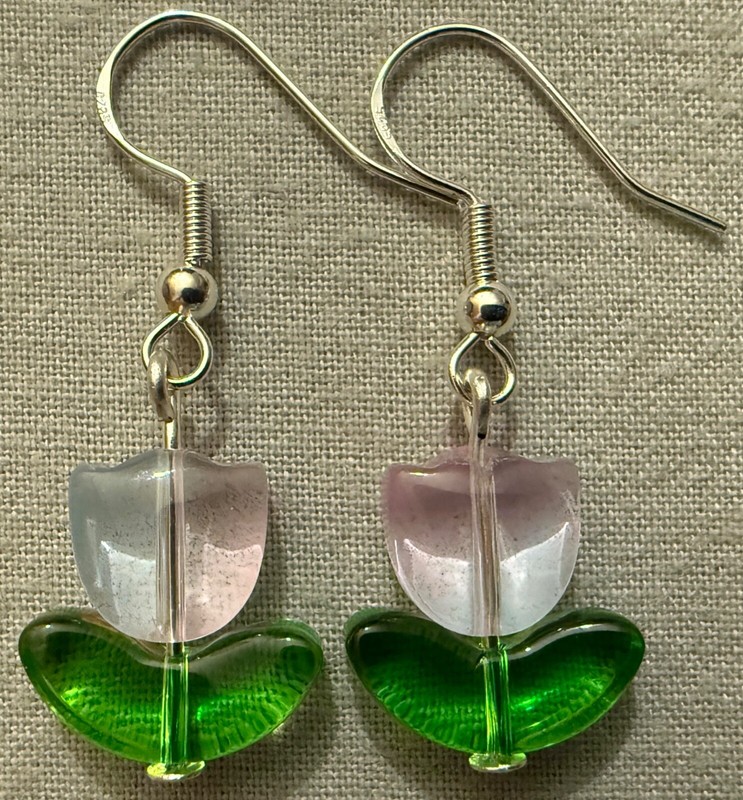 BLUE/PURPLE TULIP FLOWER GLASS BEAD EARRINGS with Sterling Silver Ear Wires