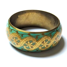 Vintage Boho Brass Blue Gold Floral Designs Stackable Bangle Bracelet