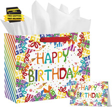 13" Large Birthday Gift Paper Bags with Tissue Paper and Card, Happy Birthday Ba
