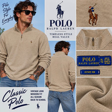Polo Ralph Lauren Estate Rib-Knit 1/4 Zip Mock Neck Cotton Sweater Beige XL   