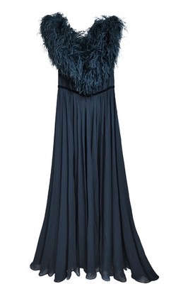 Eli Saab Women's Teal Chiffon Waisted Fur Trim Gown Wedding Size 44 $6450!