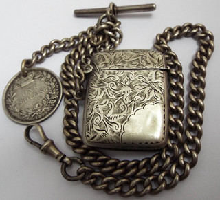 LOVELY HEAVY 51g ANTIQUE 1905 STERLING SILVER ALBERT WATCH CHAIN WITH VESTA CASE