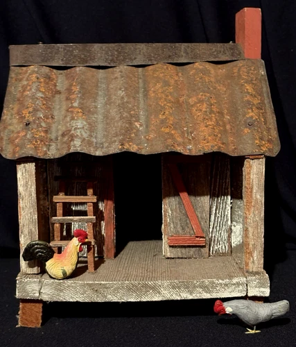 Vintage Folk Tramp Art Primitive Sharecropper Southern Tin Roof Cabin 2 Chickens
