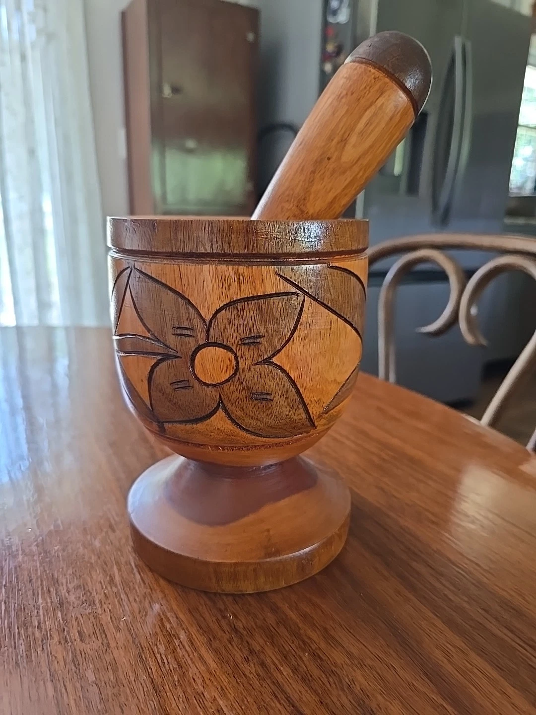 Vintage Hawaiian Wood Hand Turned Carved Floral Three Tone Mortar and Pestle