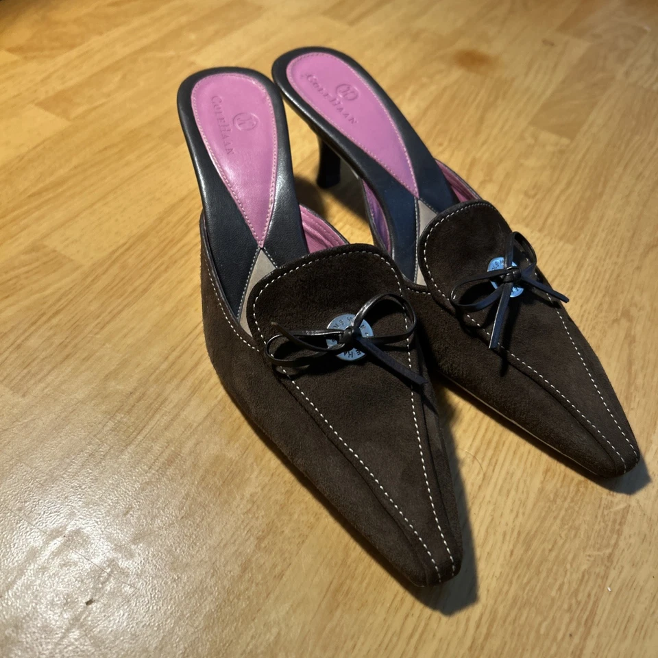 Colehaan 女式 8.5 码棕色麂皮绒高跟鞋巴西制造一脚蹬鞋 — 第 3/4 张图片