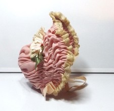 VINTAGE PINK RUCHED HAT with Lace, Flowers, Leaves BABY or DOLL BEAUTIFUL BONNET