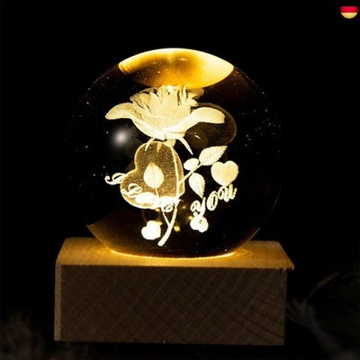 ZVO 3D Kristallkugel Nachtlicht, 3D Rose LED Lampe, 6cm