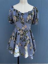 Blue Floral Mini Dress Puff Sleeve Sweetheart Neck Cottagecore Summer Dress 