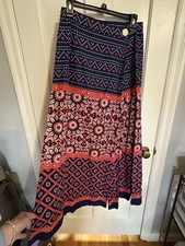Vintage 70s Hostess Maxi Skirt Geometric Shapes  Flowers Navy Red White