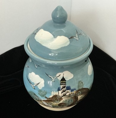 Young's Inc Heartfelt Kitchen Creations Blue Ceramic Cookie Jar w/ Lid Coastal