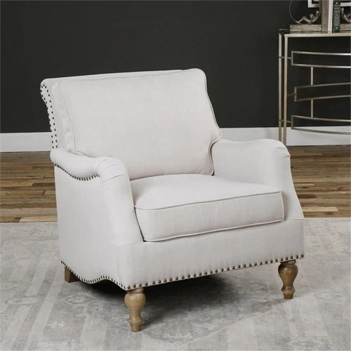 Uttermost Armstead Transitional Wood and Fabric Armchair in White/Brass - Picture 2 of 7