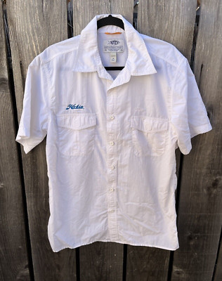 Men's AFTCO Hobie Button-Down Shirt White Embroidered M Mesh Nylon Fish Ocean