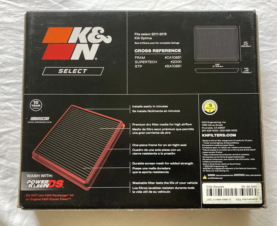 Filtro de aire de motor lavable K&N Select SA-2448 (se adapta a Kia Optima 2011-2015) 50 k Foto 2 de 3